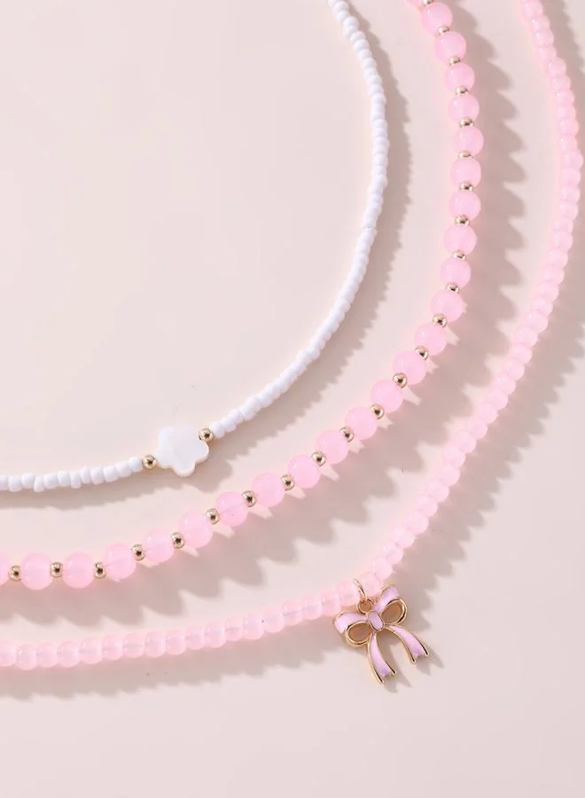 Take Two  Pack of 3 - Pink Beaded Necklace with Bow Pendant for Women | Best Price UAE